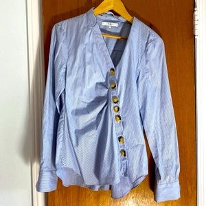 Tibi blue striped asymmetric button-down with tortoise shell buttons